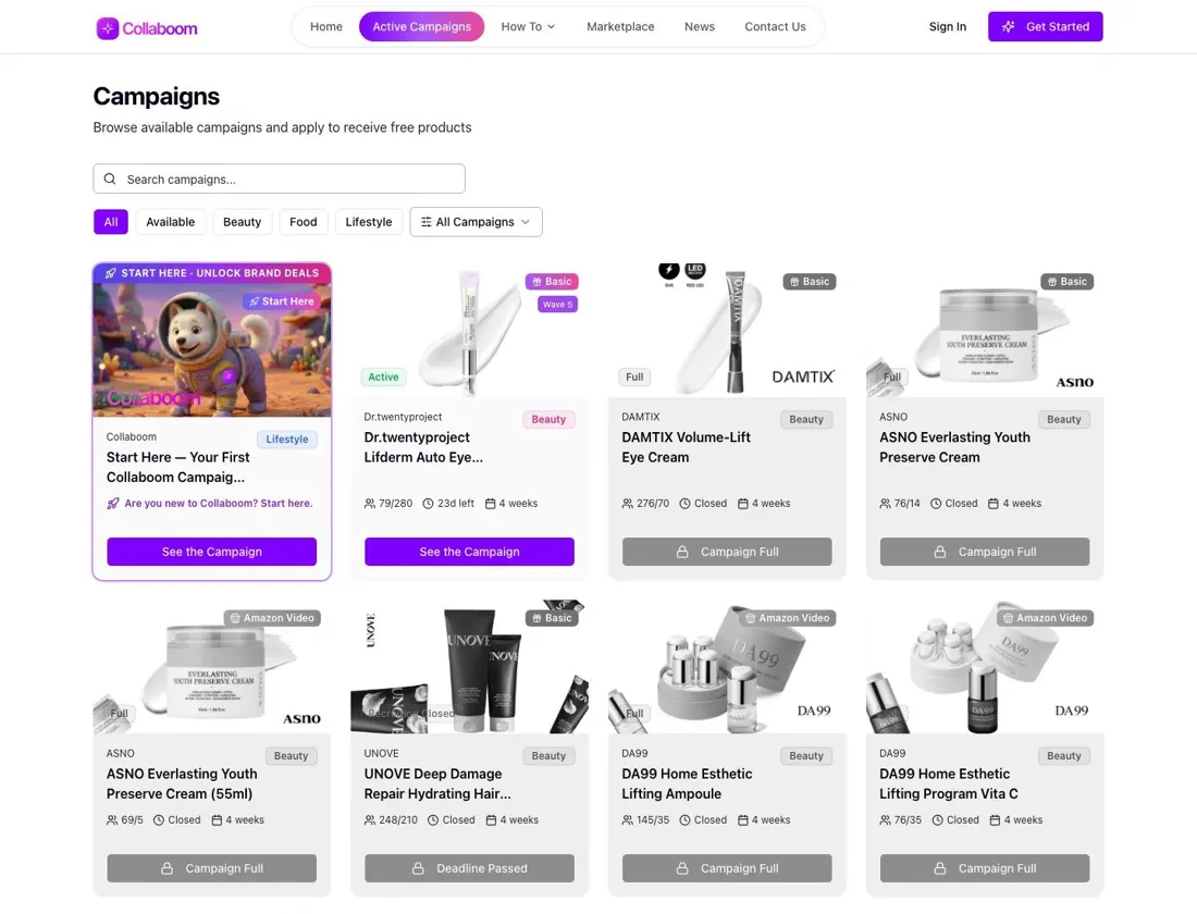 Campaigns page on Collaboom